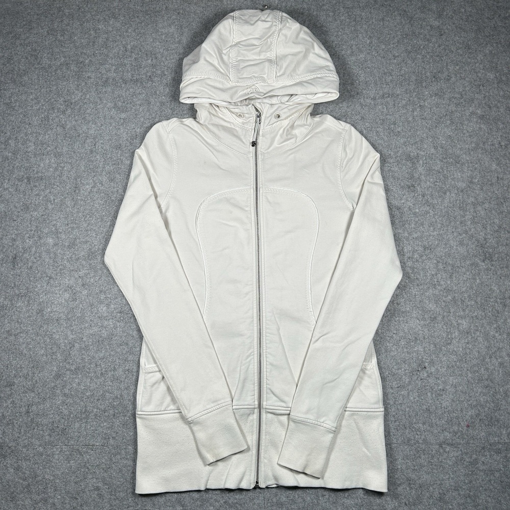 Lululemon‎ scuba jacket Women's Size 12 White Hooded Athletic Zip Thumb Holes